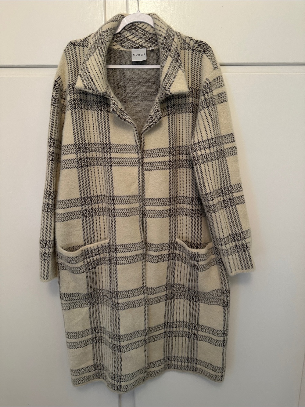 NEW Cyrus Cream and Black Plaid Knit Coat